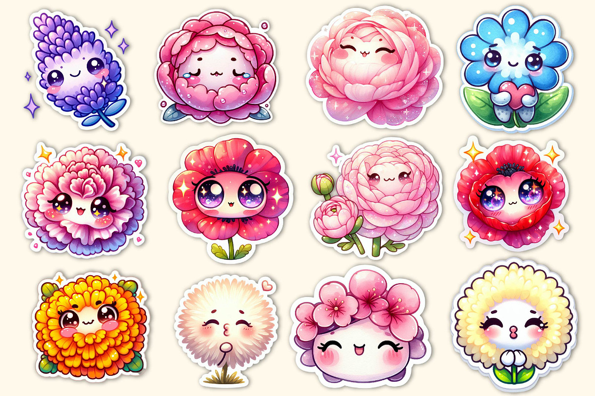 Kawaii Flowers Stickers Bundle, an Illustration by Dream Creation (Photo 4 of 5)