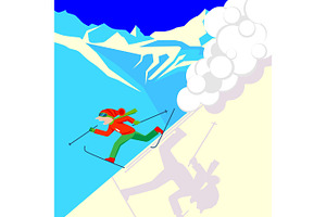 Man Escaping From Snow Avalanche In Mountains. Snowslide Or Snowslip