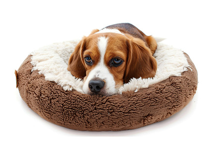 Adorable beagle dog lying on soft dog bed on white background, an Animal Photo by AlyaAnd