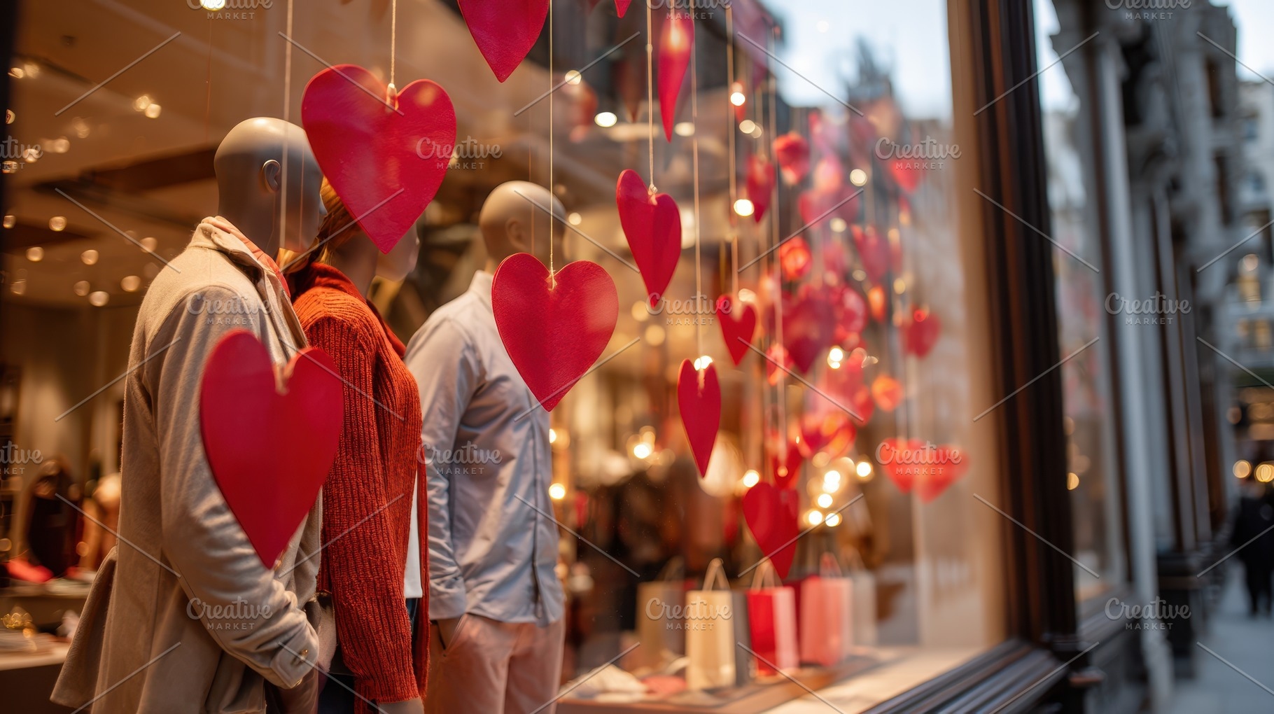 Romantic storefront display with heart decorations, a Holiday Photo by AlyaAnd