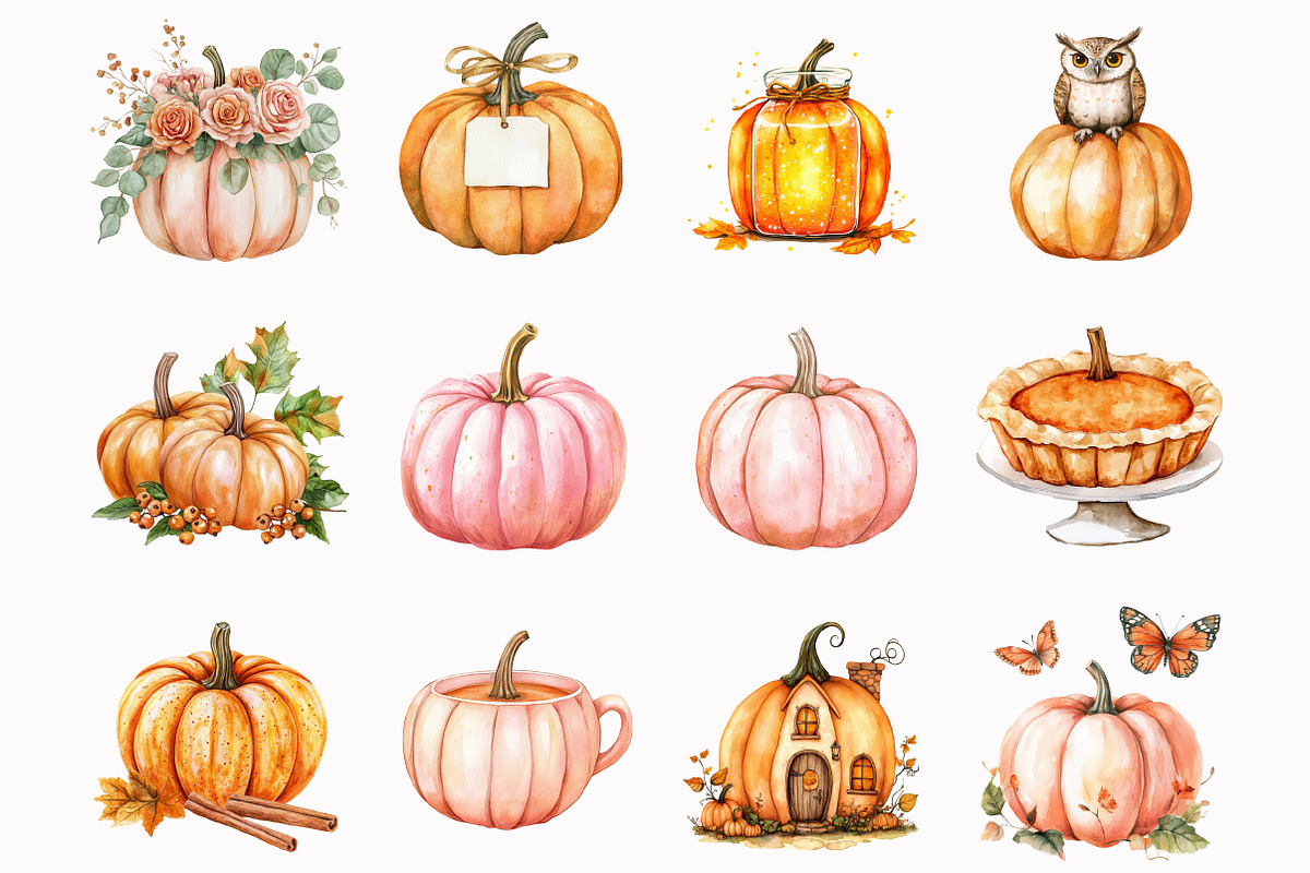 Watercolor Autumn Pumpkin Clipart, an Illustration by Design Market (Photo 2 of 4)