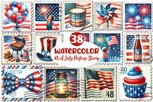 4th of July Postage Stamp Clipart, an Illustration by Dream Creation