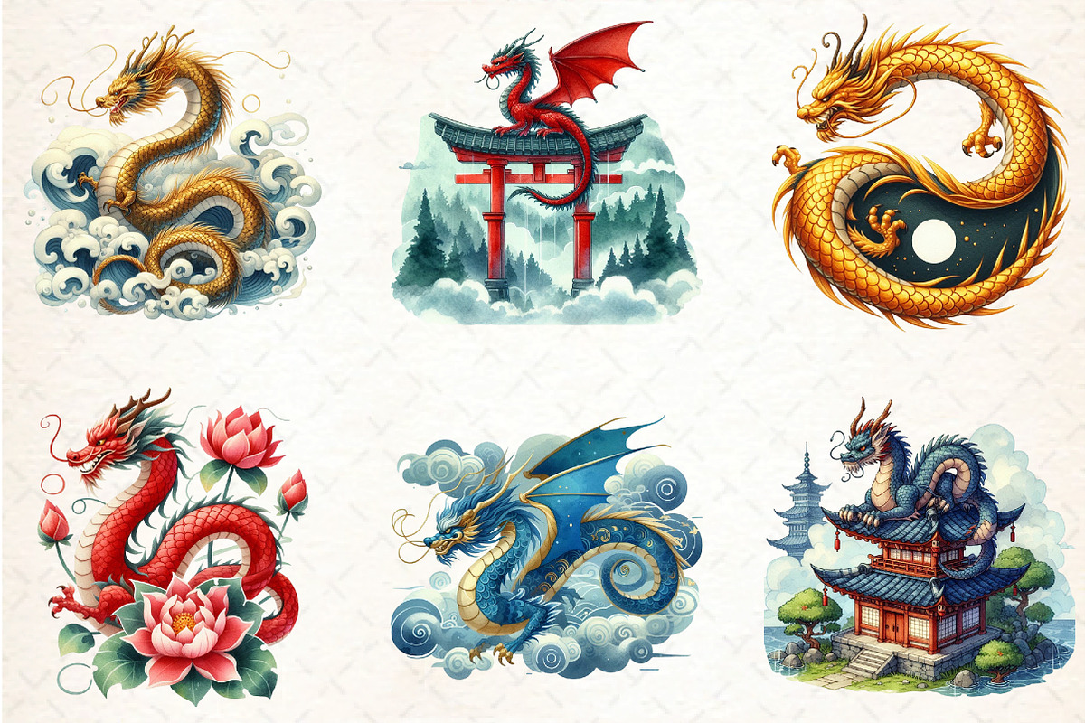 Watercolor Japanese Dragon Clipart, an Illustration by DreamCafeArt (Photo 3 of 7)