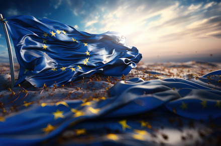 European Union waving flag on sunset sky background., a Photo by AS photostudio