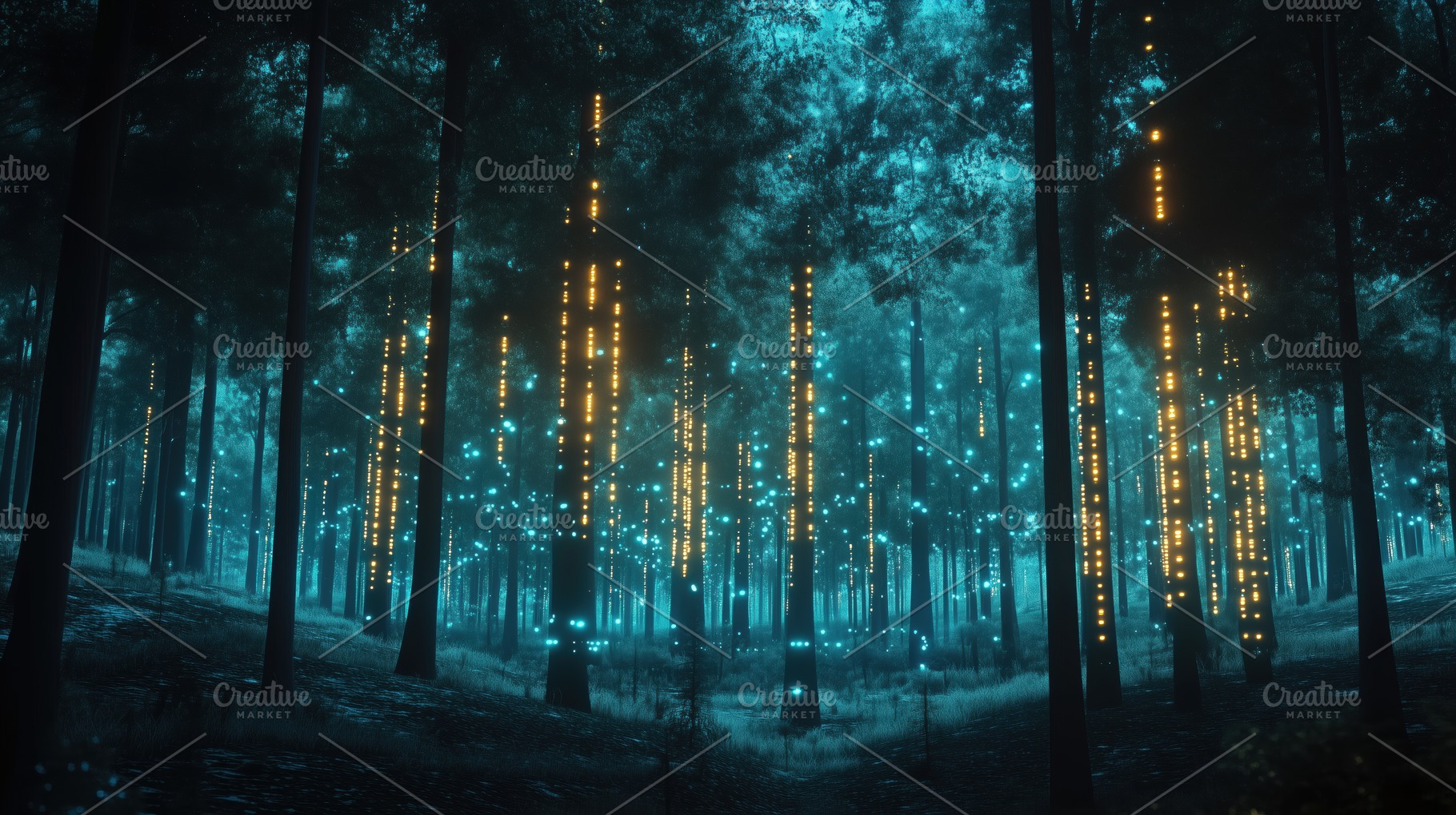 A mystical forest illuminated by glowing vertical lights, creating an enchantin, a Photo by Textures & Backgrounds