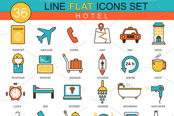36 Hotel Flat Line Icons Set.