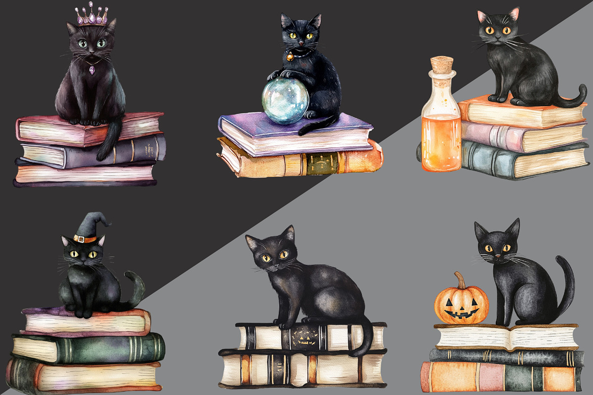 Halloween Black Cat On Books Clipart, an Illustration by Black Bird Studio (Photo 3 of 6)
