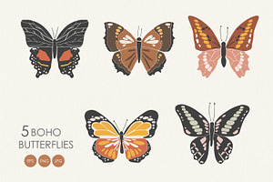 5 Boho Butterflies Clipart