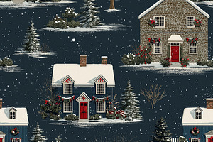 Seamless pattern christmas winter village pattern with snow fall