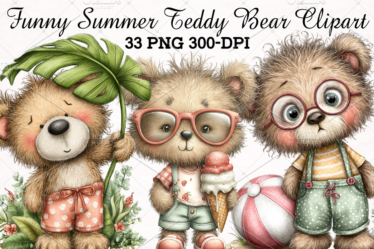 Funny Summer Teddy Bear Clipart, an Illustration by RobertsArt (Photo 1 of 5)