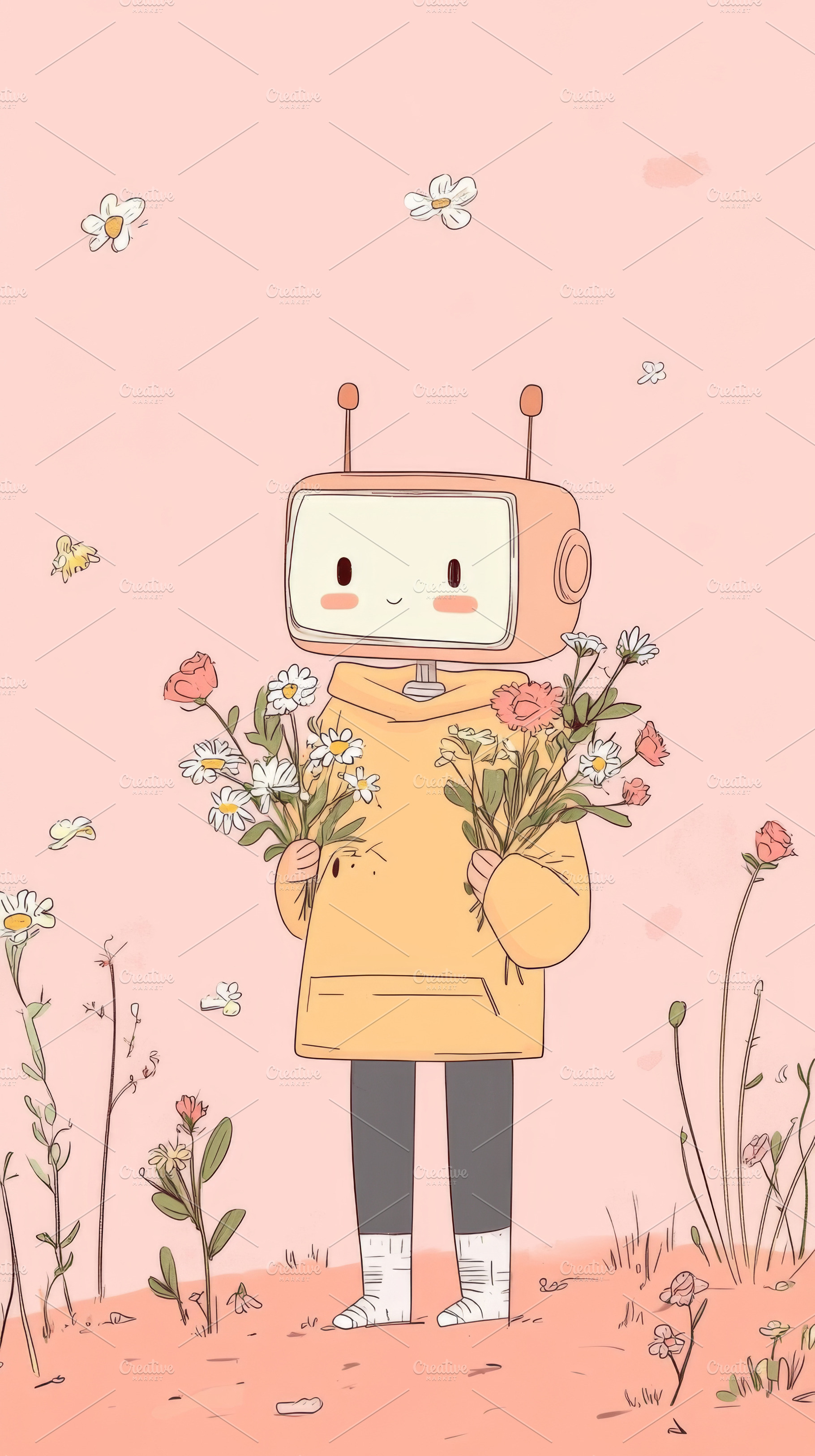 Robot holding flowers in arms, a Photo by Dvoevnore photos