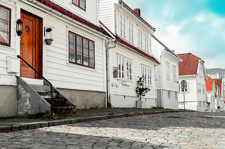 street on a Stavanger with white hou, an Architecture Photo by Eni_fly