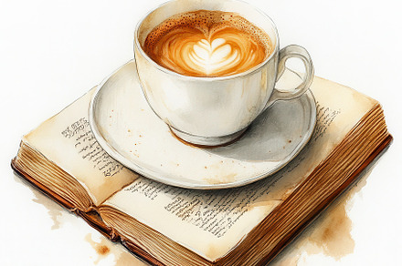 Latte art coffee cup on antique book, a Food & Drink Photo by Pixeness