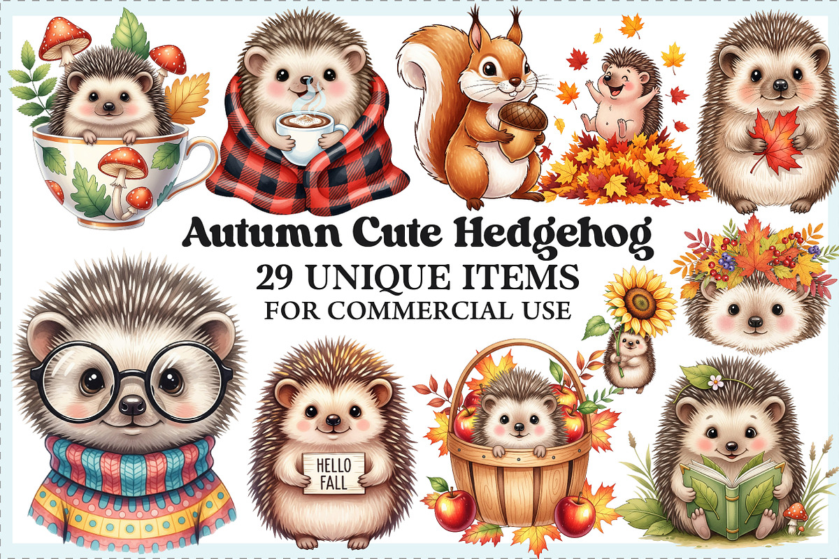 Watercolor Autumn Cute Hedgehog PNG, an Illustration by Craft Nest (Photo 1 of 9)