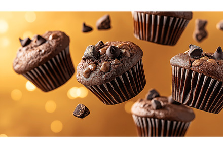 Floating chocolate muffins with, a Background Photo by Sergey Kotenev