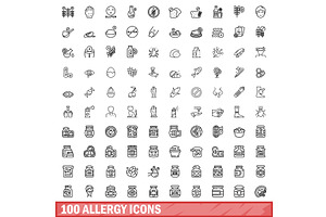 100 allergy icons set, outline style, an Object Illustration by Ylivdesign