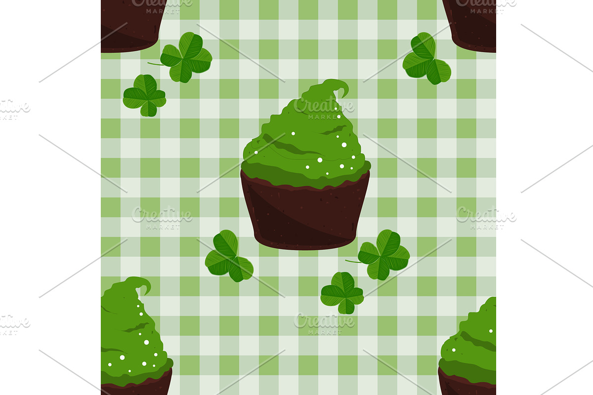 Green cupcakes and clover leaves on, an Illustration by Toltemara