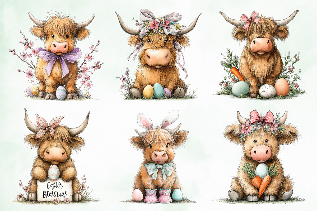 Whimsical Easter Highland Cow Clipar, an Illustration by Creative Art (Photo 2 of 8)