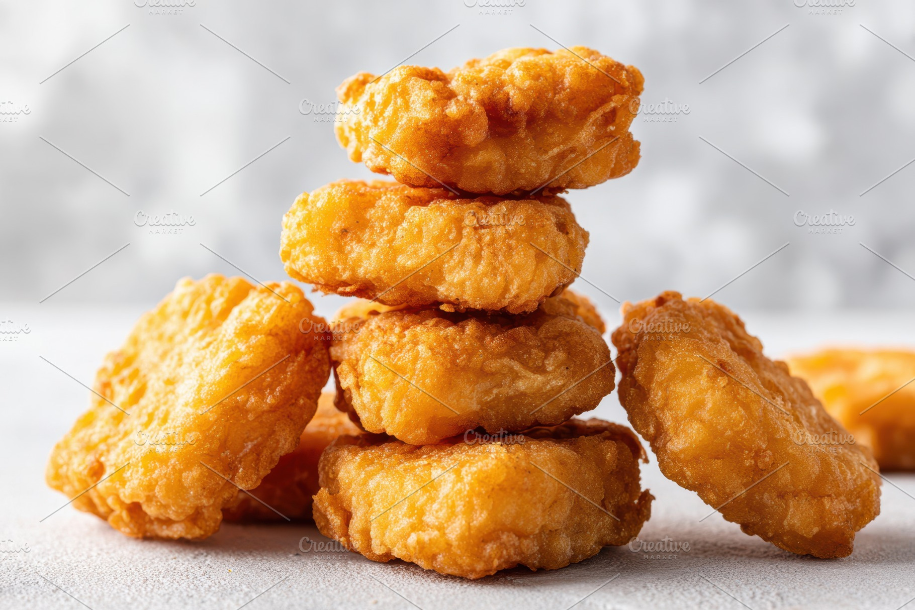 Stack of crispy chicken nuggets, a Food & Drink Photo by AlyaAnd