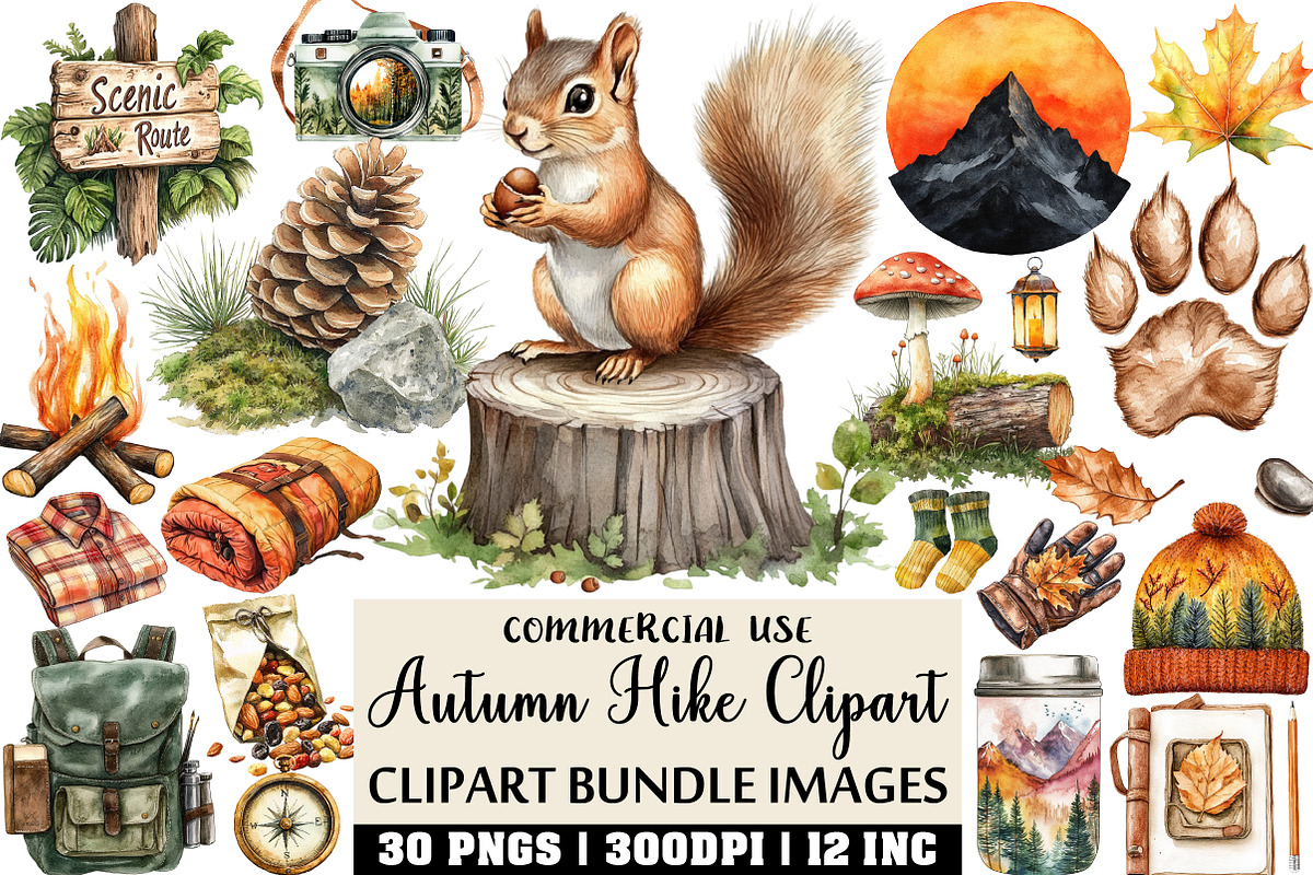 Watercolor Autumn Hike Clipart, an Illustration by Craft Nest (Photo 1 of 6)
