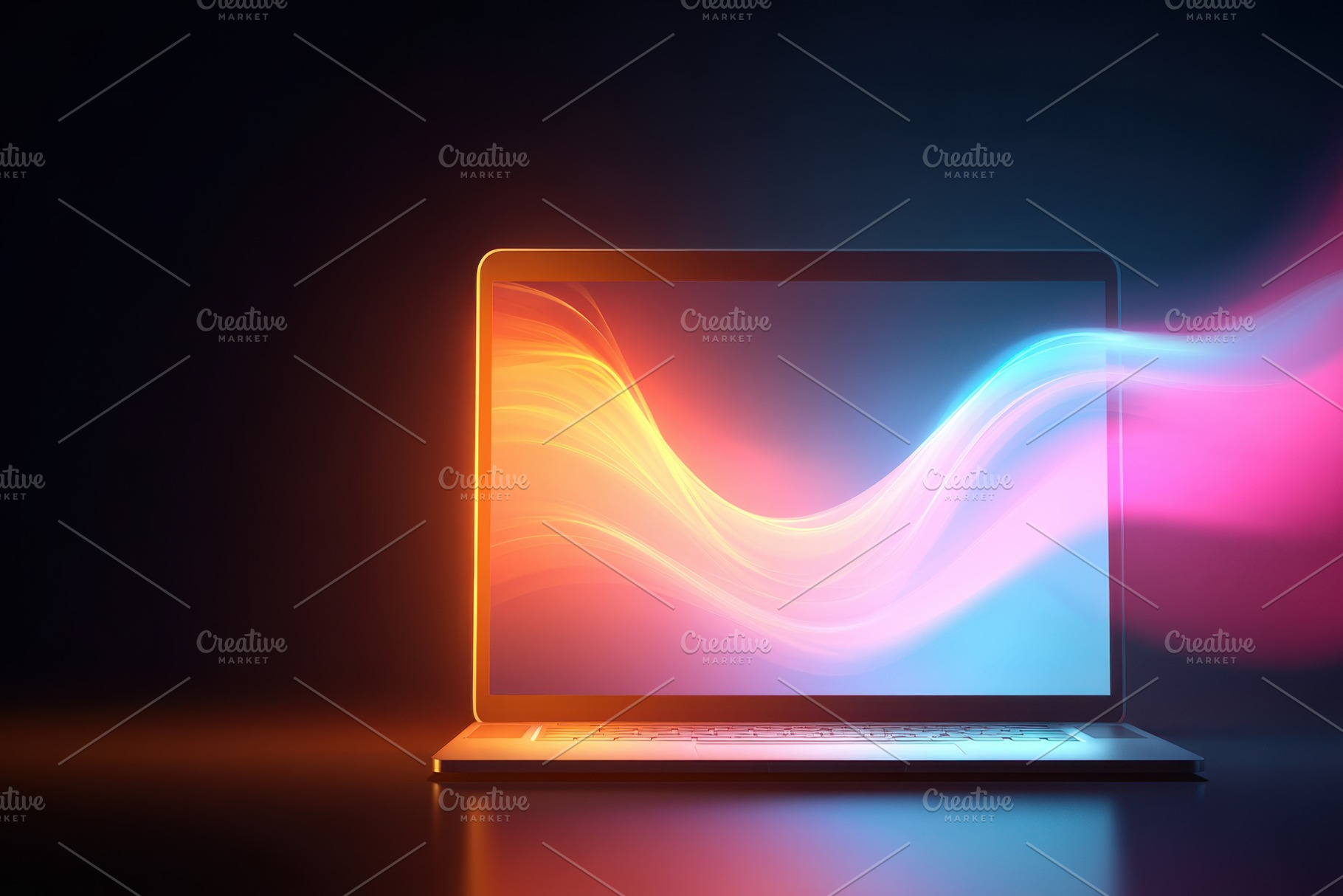 Colorful waves emerging from a laptop, a Technology Photo by AlyaAnd