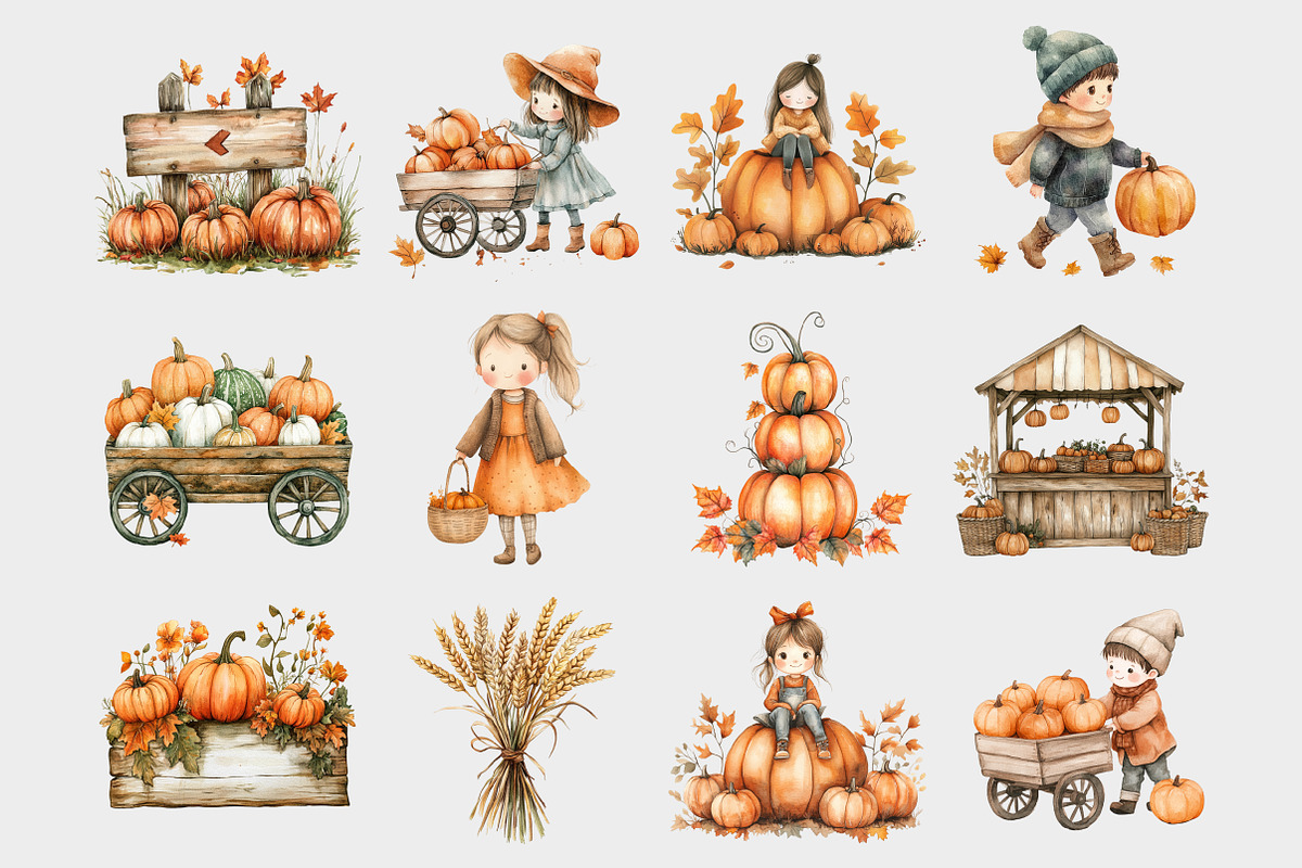 Watercolor Pumpkin Patch Clipart, a Seasonal Illustration by Design Market (Photo 3 of 5)