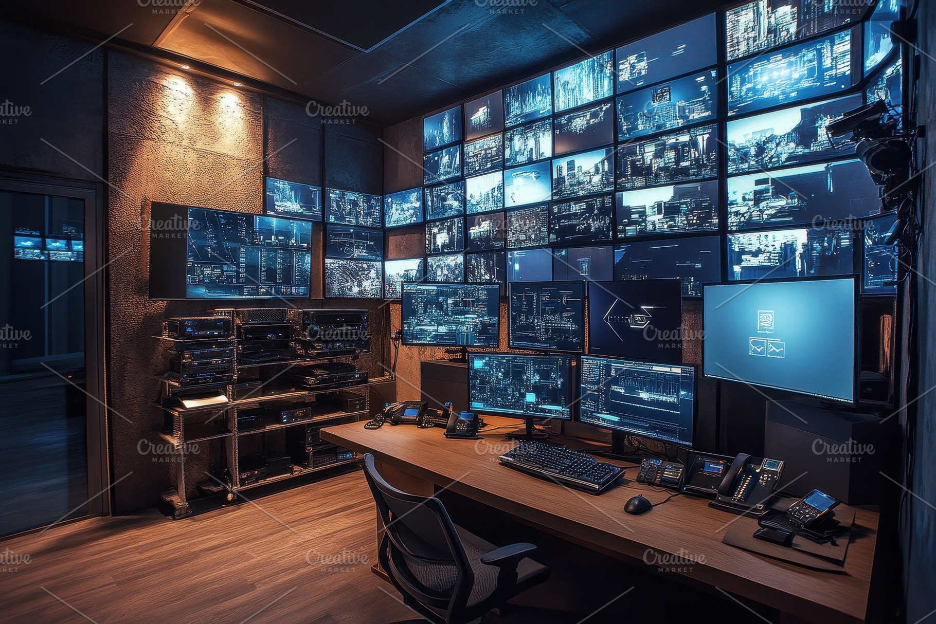 High-tech control room with multiple, a Photo by Tanuart