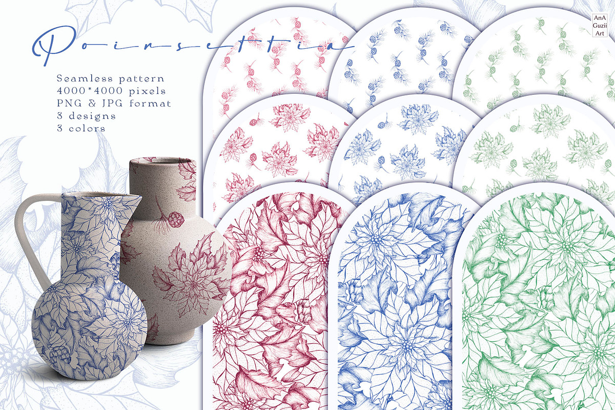 Poinsettia pattern Toile de Jouy, a Pattern Graphic by AnaGuziiArt (Photo 1 of 8)