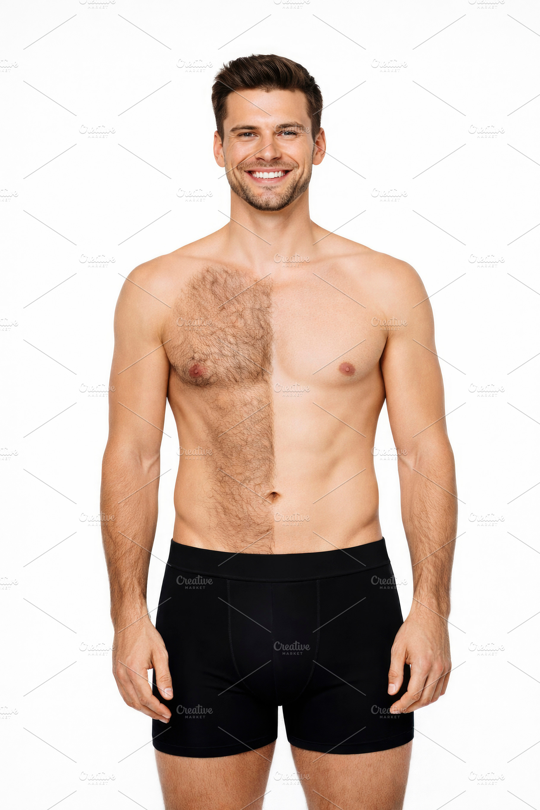 front view of a man half shaved, generative AI, a Photo by Nito
