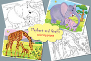 Elephant and Giraffe. Coloring pages, an Animal Illustration by Haso (Thumbnail 1 of 4)
