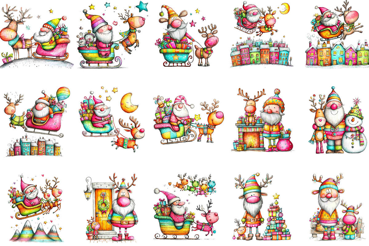 Christmas Santa & Reindeer Clipart, an Illustration by Designking (Photo 3 of 5)