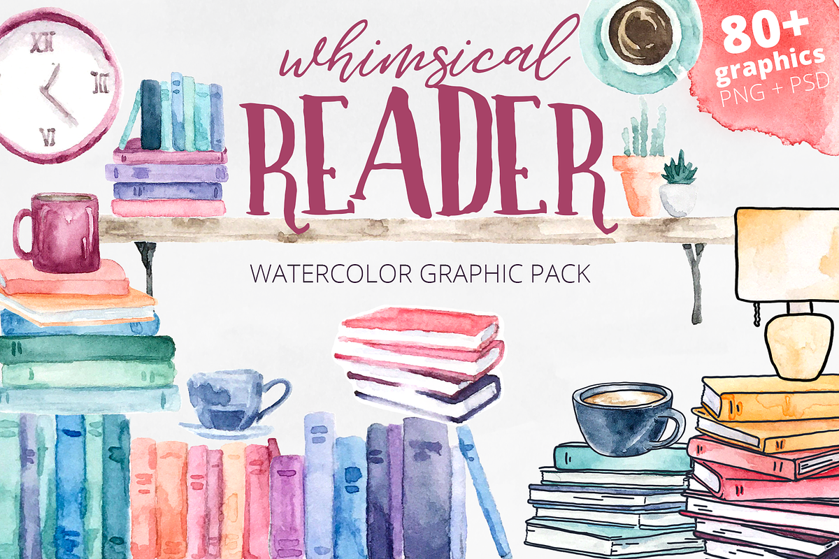 Whimsical Reader Watercolor Pack, an Illustration by plaidGecko (Photo 1 of 6)