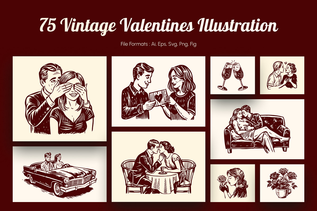 Vintage Valentines Illustration Set, a Person Illustration by Prosymbols (Photo 1 of 10)