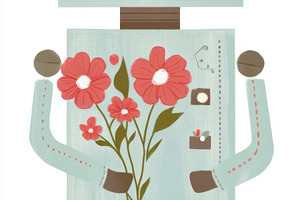 Robot holding flowers in arms with p, a Photo by Dvoevnore photos