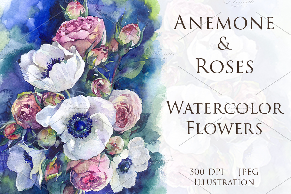 Watercolor Anemone & Roses flowers, a Decorative Illustration by MaryAmi (Photo 1 of 3)