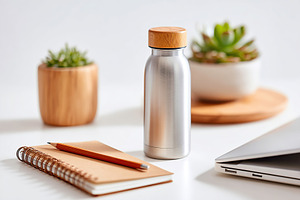 Stylish water bottle and notebook on a minimalist desk with plants in the backg, a Photo by AlyaAnd