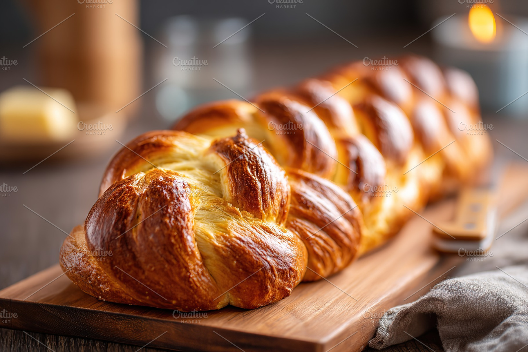 Perfectly braided challah bread on a wooden cutting board in a cozy kitchen set, a Food & Drink Photo by AlyaAnd