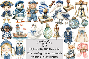 Cute Vintage Sailor Animals, a Seasonal Illustration by CitraGraphics