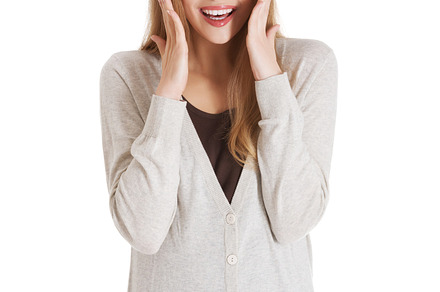 Beautiful positive and casual woman expressing surprise stock photo