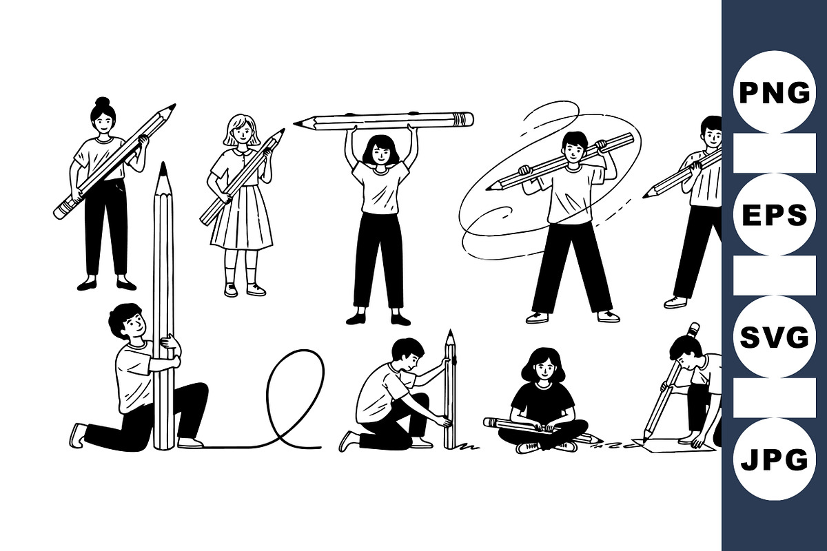 Kids With Giant Pencil SVG Set, an Illustration by designvectx (Photo 1 of 3)