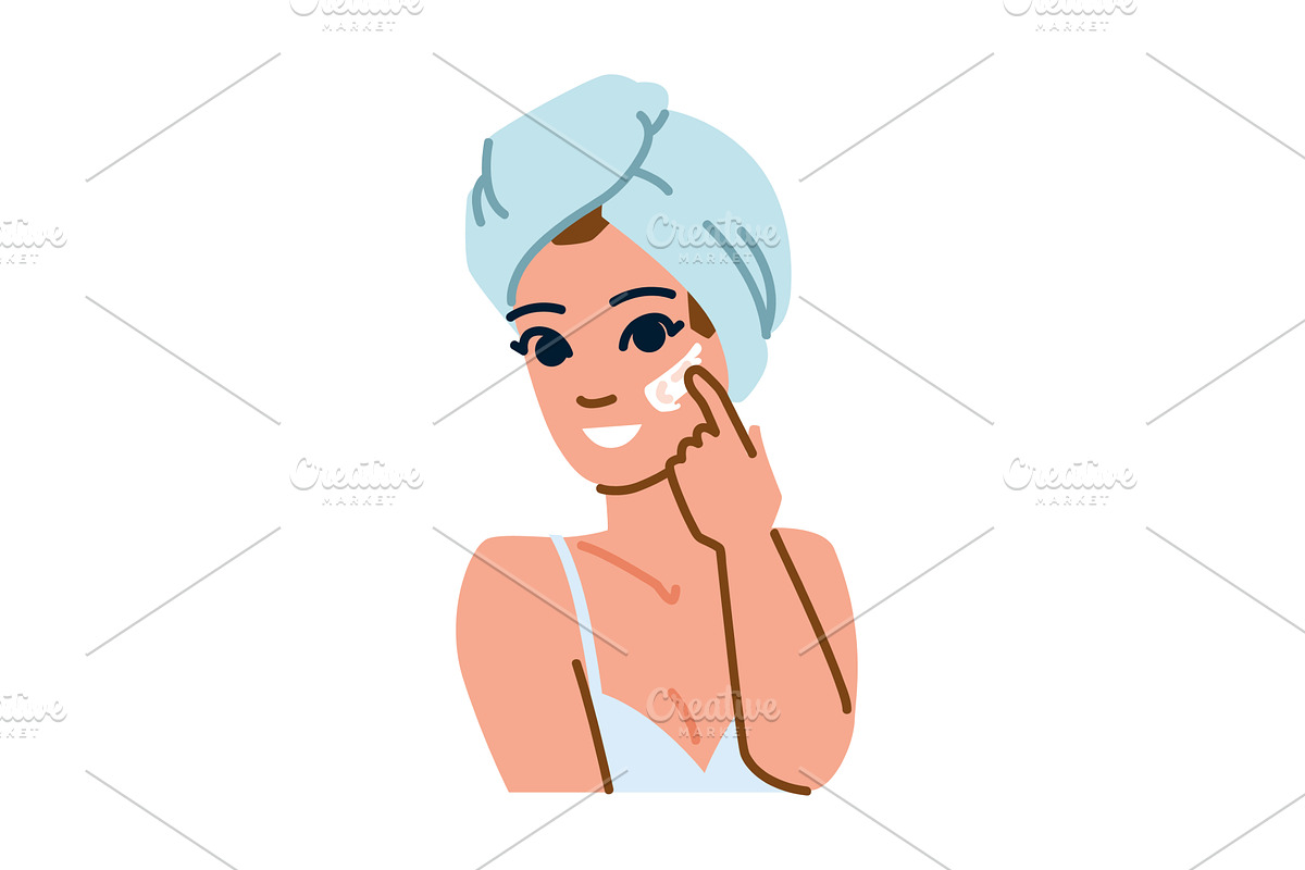 Smiling woman applying cream on face, an Object Illustration by pikepicture