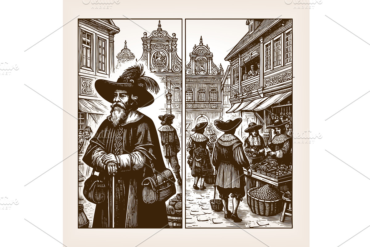 old European marketplace scene, an Illustration by AlexArt