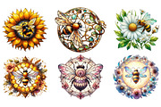 Bee with Flowers Round Stained Glass, an Illustration by DreamArtGraphic (Thumbnail 3 of 4)