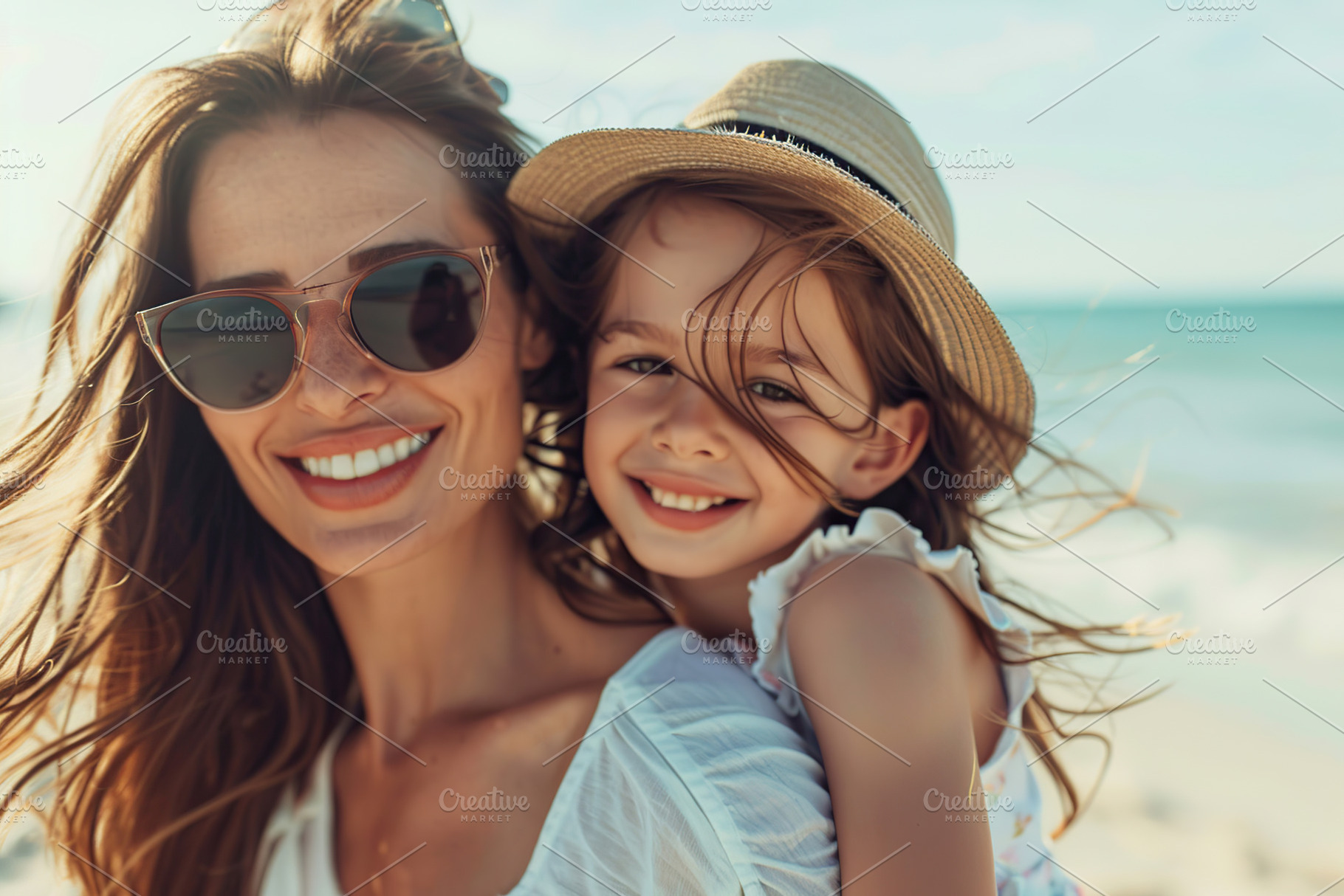 Portrait of happy mother and her daughter resting at beach, a Person Photo by AlyaAnd