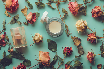 Roses and elegant perfume bottles ar, a Photo by Tanuart