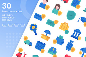 30 Insurance Icons Set - Flat