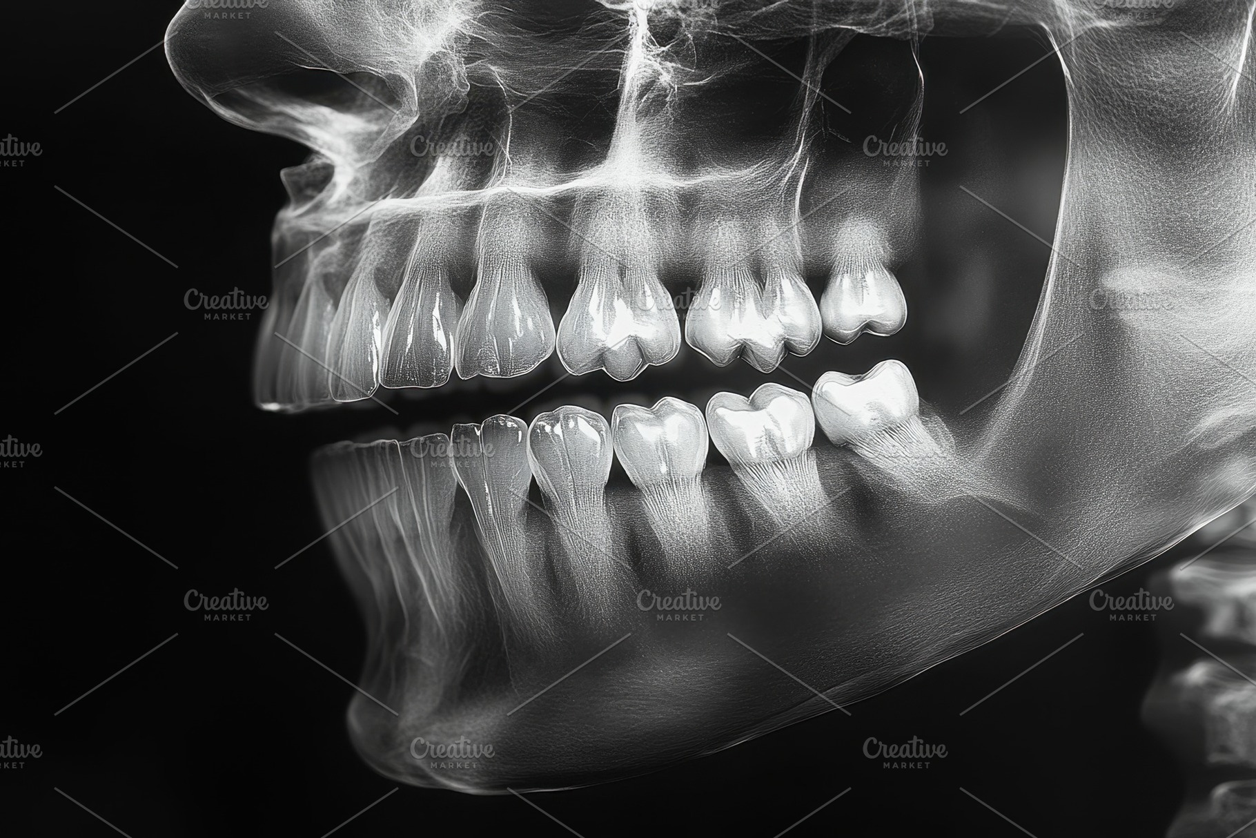 Detailed x-ray of human jaw illustra, a Photo by Tanuart