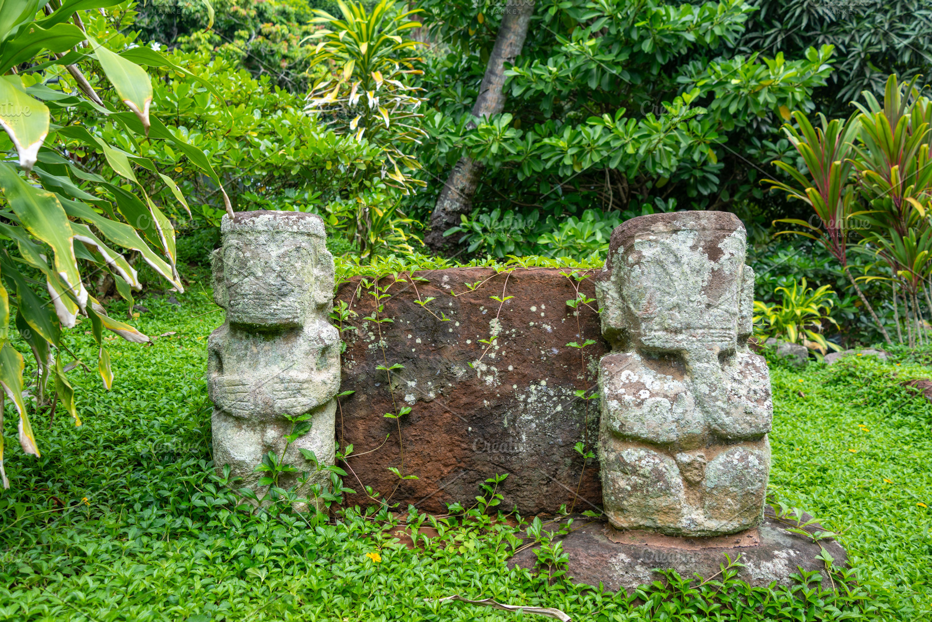 Ancient tikis guarding the queen's tomb in Puamau, Hiva Oa, Marq, an Architecture Photo by GoodGoods