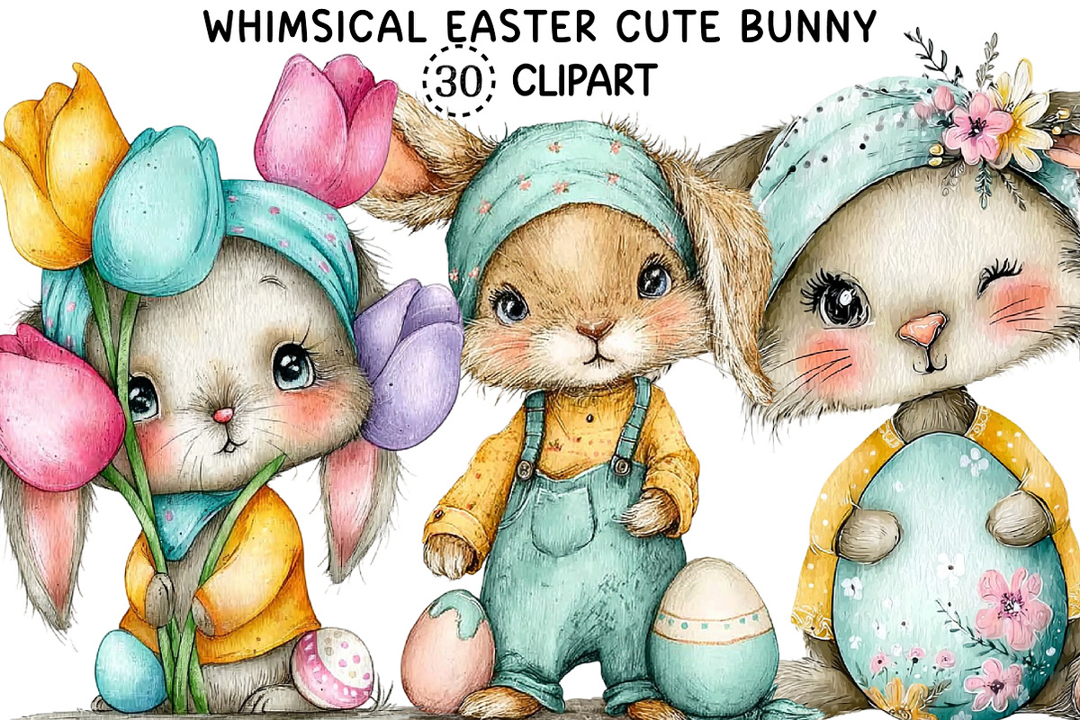 Whimsical Easter Cute Bunny Clipart, an Illustration by Creative Art (Photo 1 of 8)