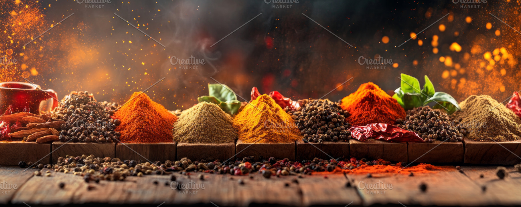 Colorful Assortment of Spices and Herbs with Fiery Smoke, an Abstract Photo by Natalia Klenova's Shop